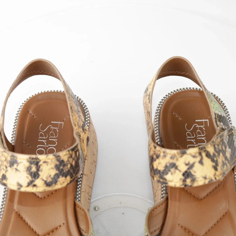 Franco Sarto Womens Ozio Sandals Size 8.5 Brown Snake Cork Wedge Platform Shoes